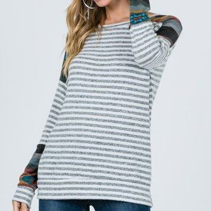Brand New Women's Striped Grey and White Aztec Print Long Sleeve
